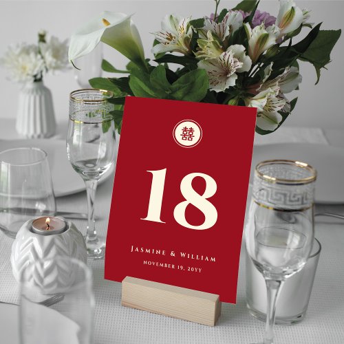 Circle Red Double Happiness Modern Chinese Wedding Table Number
