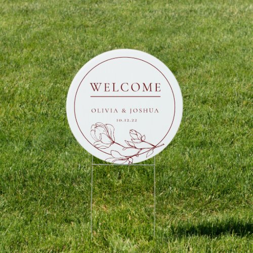 Circle Rose White Burgundy Floral Wedding Welcome Sign