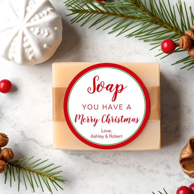 Circle Soap Label, Christmas Holidays Red & Green Classic Round Sticker (Creator Uploaded)