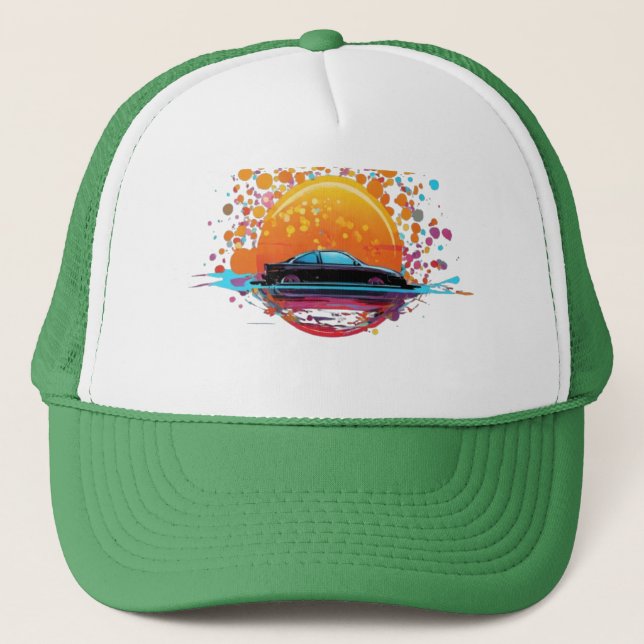 Circle Splash with Car Design Print T-Shirt Trucker Hat (Front)