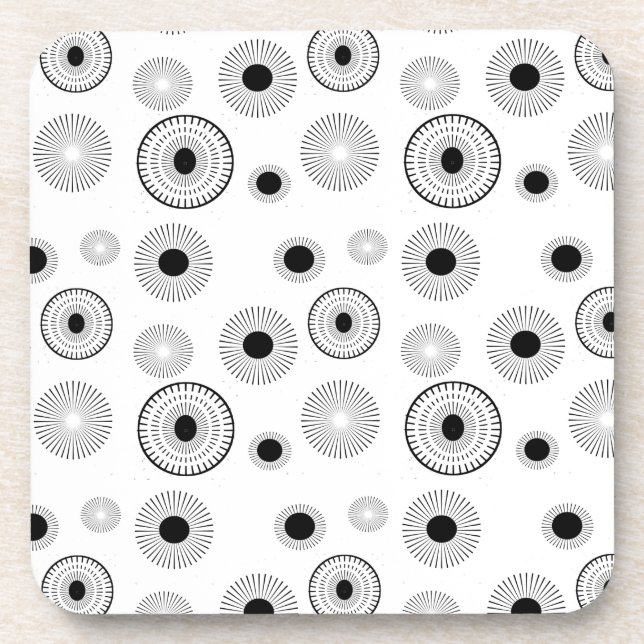 Circle Starburts Pattern- Black & White Beverage Coaster (Front)