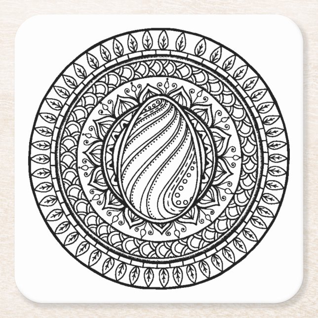 Circle Tribal Doodle Square Paper Coaster (Front)