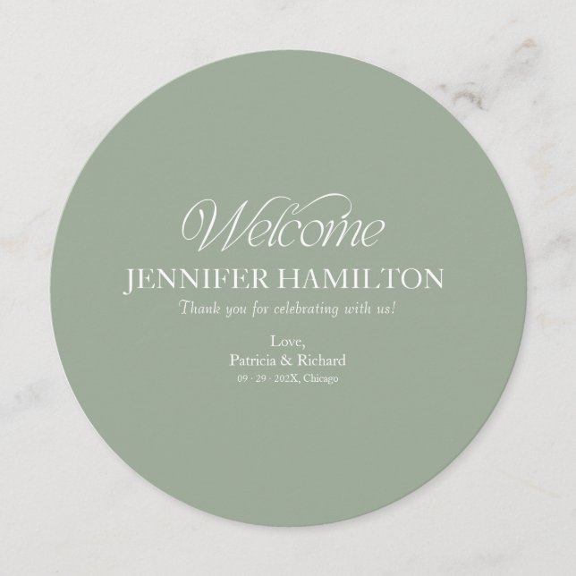 Circle Wedding Menu and Place Card With Guest Name (Front)