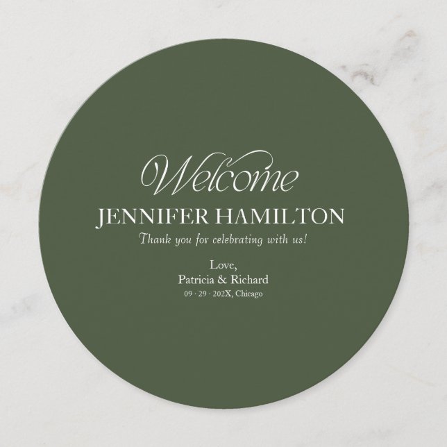 Circle Wedding Menu and Place Card With Guest Name (Front)
