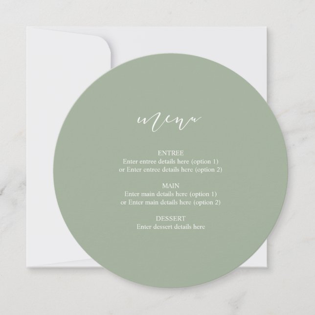 Circle Wedding Plate Menu Sage Green Calligraphy (Front)