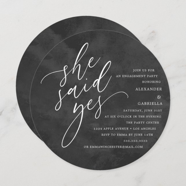 Circle White Script She Said Yes Engagement Party Invitation (Front/Back)