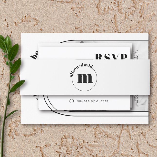 Circle with names and monogram black white wedding invitation belly band (Creator Uploaded)