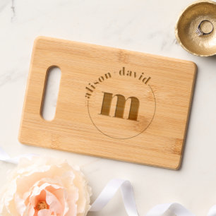 Circle with names and monogram wedding charcuterie engraved cutting board