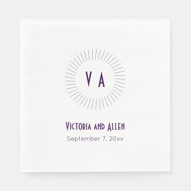 Circled Purple Monogram with Name and Date Wedding Napkins (Front)