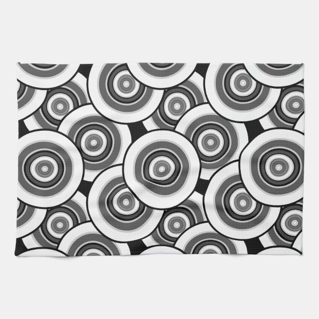 Circles and rings geometric black and white patter kitchen towel (Horizontal)