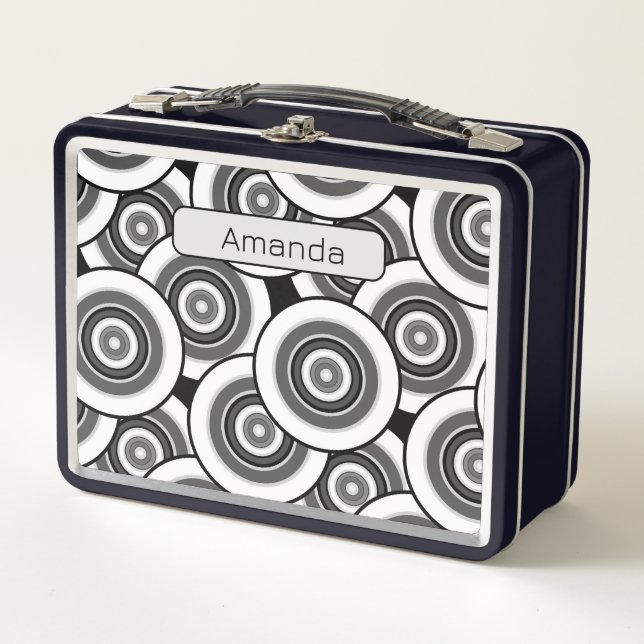 Circles and rings geometric black and white patter metal lunch box (Front)