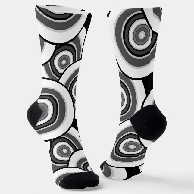 Circles and rings geometric black and white patter socks (Angled)