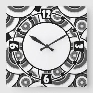 Circles and rings geometric black and white patter square wall clock