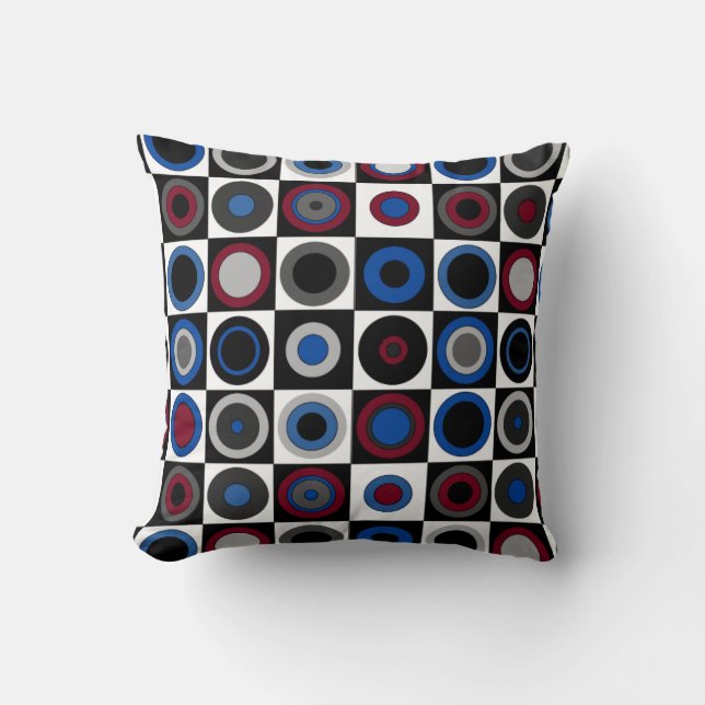 Circles and Squares (Red,Blue,White,Black+Gray) Throw Pillow (Front)