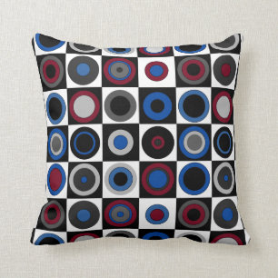 Circles and Squares (Red,Blue,White,Black+Gray) Throw Pillow