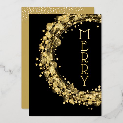 Circles and Stars on Black Christmas Gold Foil Invitation