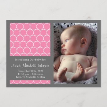 Circles Background New Baby Announcements (pink) by WindyCityStationery at Zazzle