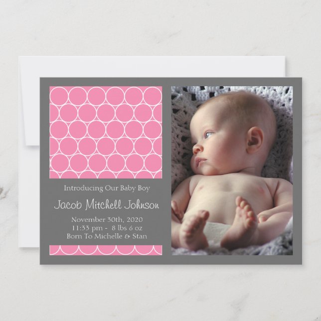 Circles Background New Baby Announcements (Pink) (Front)