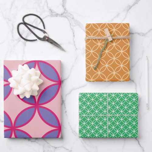 Circles diamonds flowers pattern Set of 3 Wrapping Paper Sheets