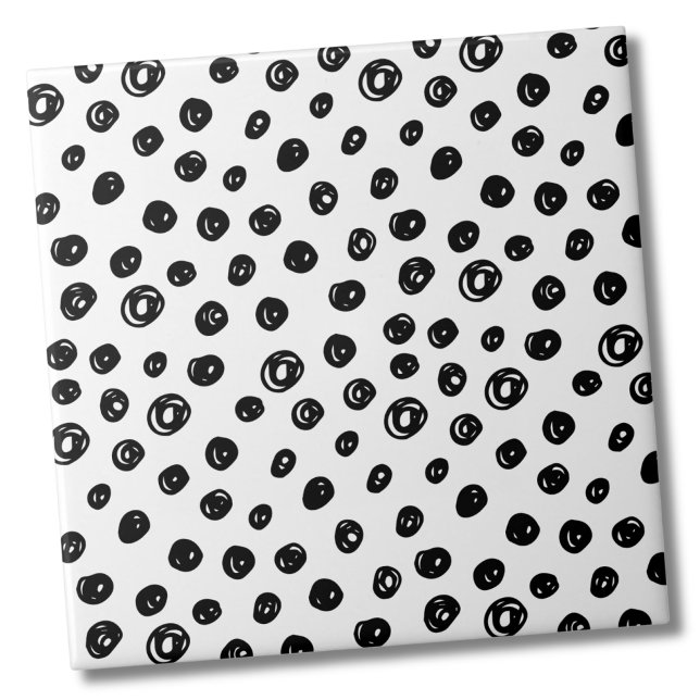 Circles Dots Pattern Black White Ceramic Tile (Cute Messy Dots Circles Pattern Black White Ceramic Tile)