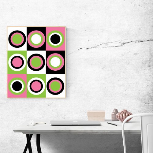 Circles Pattern Retro Pink Green Black White  Poster