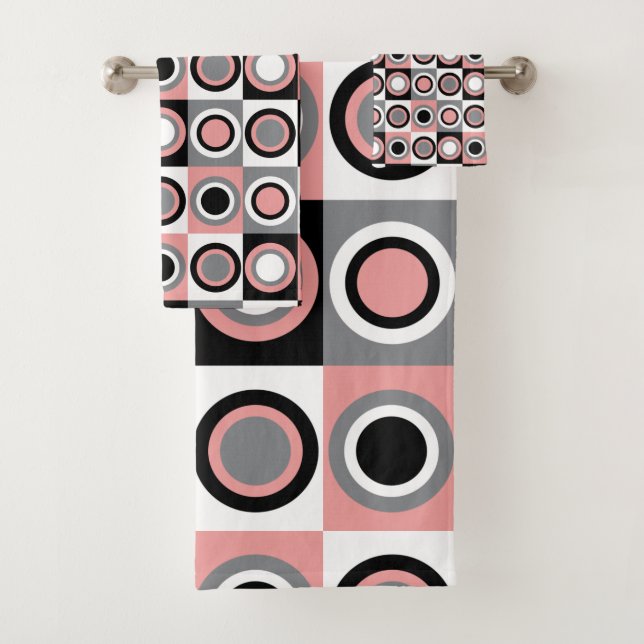 Circles Pink Gray White Retro Pattern Bath Towel Set (Insitu)