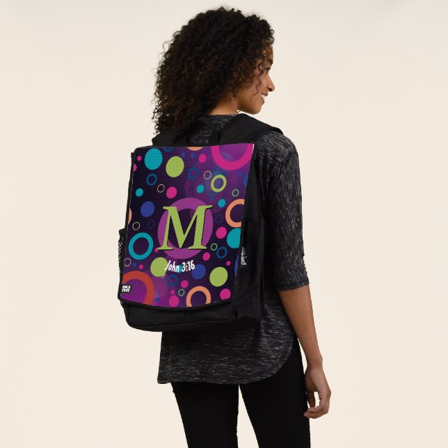 Circles Scripture Monogram Personalized Purple Backpack (Worn)