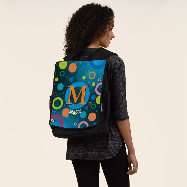 Circles Spots Scripture Monogram BLUE Personalized Backpack (Worn)