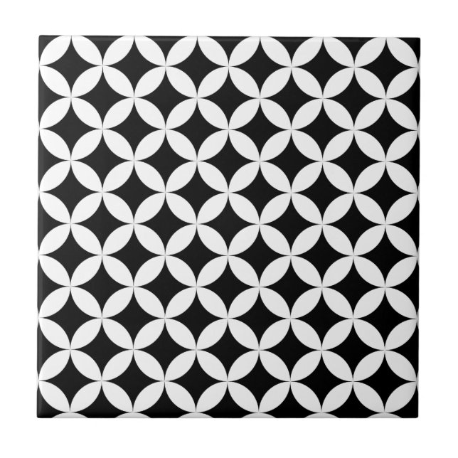 Circles stars black and white design ceramic tile (Front)