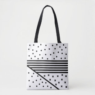 Circles, Stripes and Crosses Monochrome Pattern Tote Bag