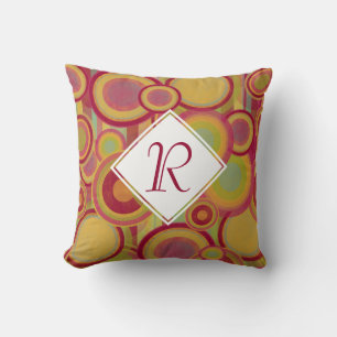 Circles & Stripes, Red, Yellow & Green Monogram Throw Pillow