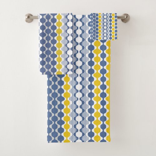 Circles waves lines mustard yellow white blue bath towel set