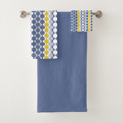 Circles waves lines mustard yellow white blue bath towel set