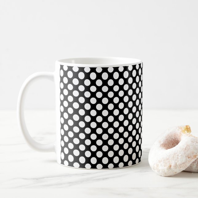 Circles White Polka Dots Pattern Black Background  Coffee Mug (With Donut)