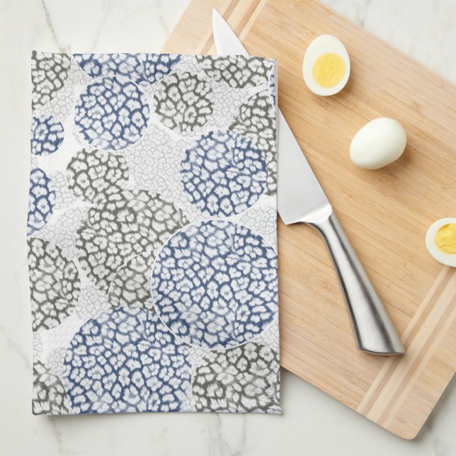 Circles with grey and blue leopard skin print  kitchen towel (Quarter Fold)