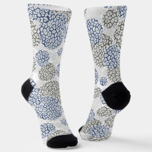 Circles with grey and blue leopard skin print socks