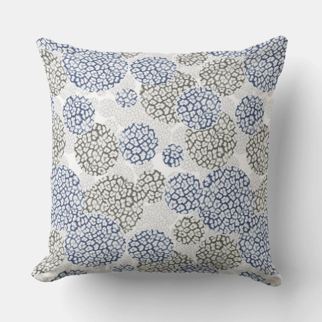Circles with grey and blue leopard skin print  throw pillow (Front)