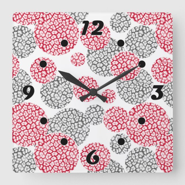  Circles with grey and red leopard skin print  Square Wall Clock (Front)