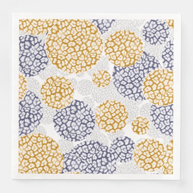 Circles with yellow and blue leopard skin print  paper dinner napkins (Front)