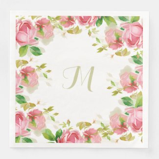 circlet of pink vintage roses with monogram paper dinner napkins
