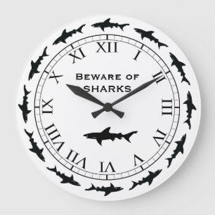 Circling SHARKS - Beware of Sharks Fishing Boat Large Clock