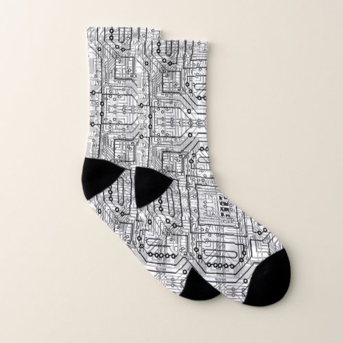 Circuit board black white silver socks