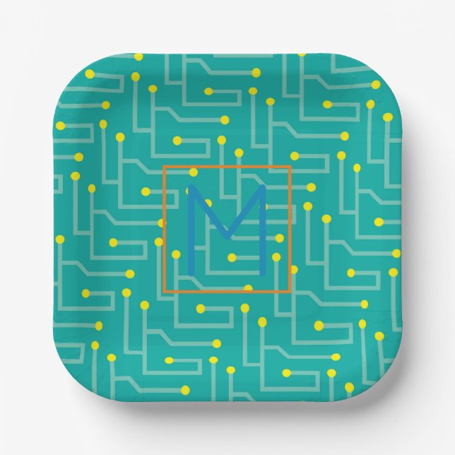 Circuit Board blue yellow orange Initial Kids Fun Paper Plates (Front)