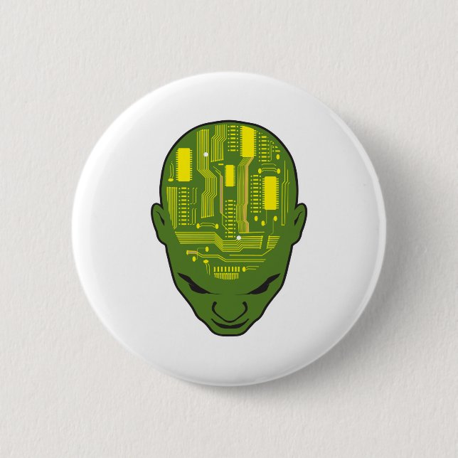 circuit board brain head yellow and green pinback button (Front)