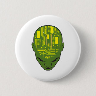 circuit board brain head yellow and green pinback button