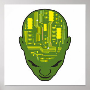 circuit board brain head yellow and green poster