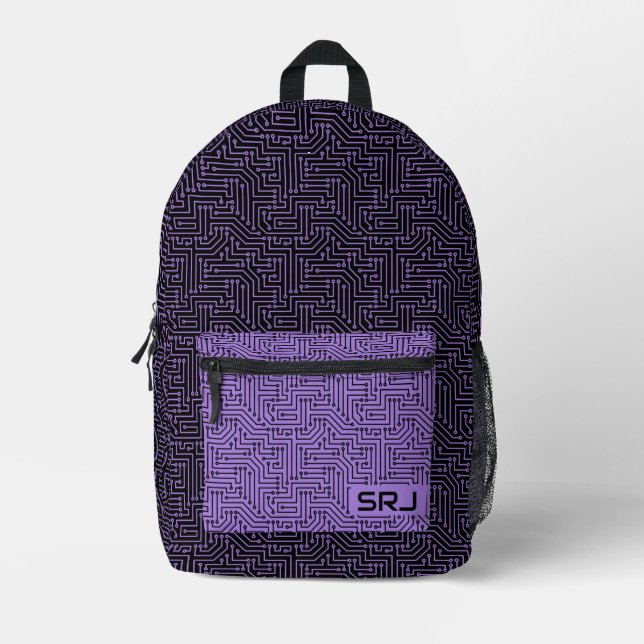 Circuit Board Bright Purple Black Custom Monogram Printed Backpack (Front)