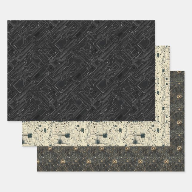 Circuit Board Computer Pattern Black Gold White Wrapping Paper Sheets (Set)