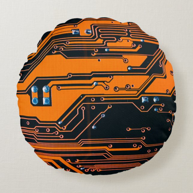 Circuit board. Electronic computer hardware techno Round Pillow (Front)
