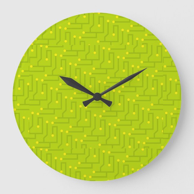 Circuit Board green yellow modern tech home decor Large Clock (Front)
